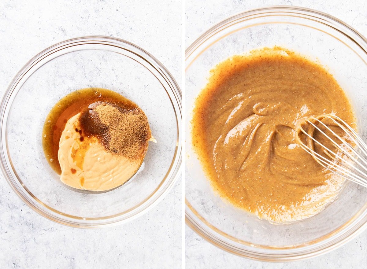 Two photos showing How to Make Healthy Peanut Butter Oatmeal Cookies – whisking peanut butter, maple syrup, vanilla, and more wet ingredients together