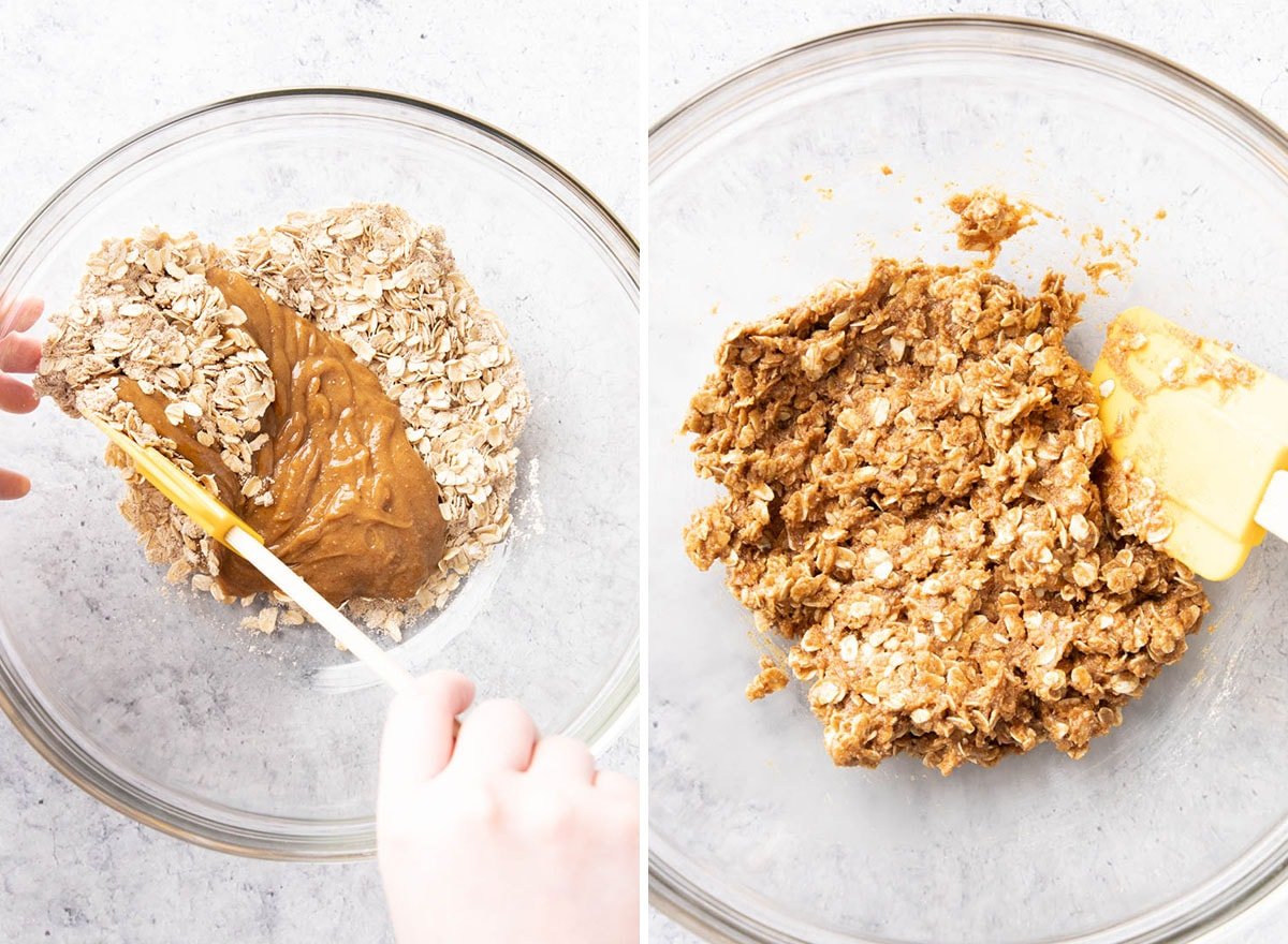 Two photos showing How to Make Healthy Peanut Butter Oatmeal Cookies – stirring dry and wet ingredients together to make cookie dough