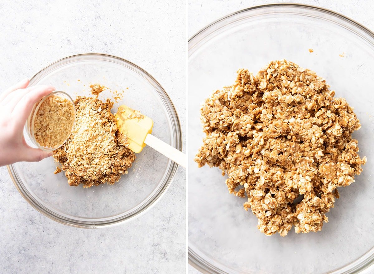 Two photos showing How to make this recipe – folding chopped peanuts into cookie dough