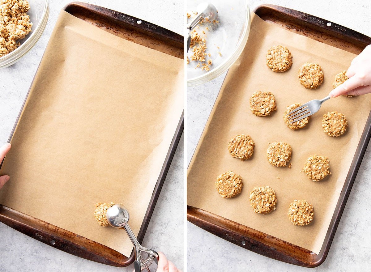 Two photos showing How to make this recipe – scooping and flattening cookie dough on a lined baking sheet