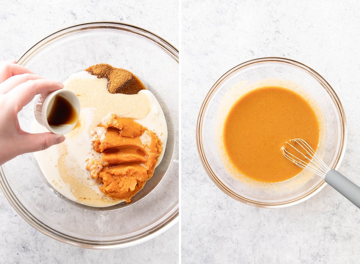 Two photos showing How to Make Pumpkin Oatmeal Muffins – whisking wet ingredients including vanilla in a mixing bowl