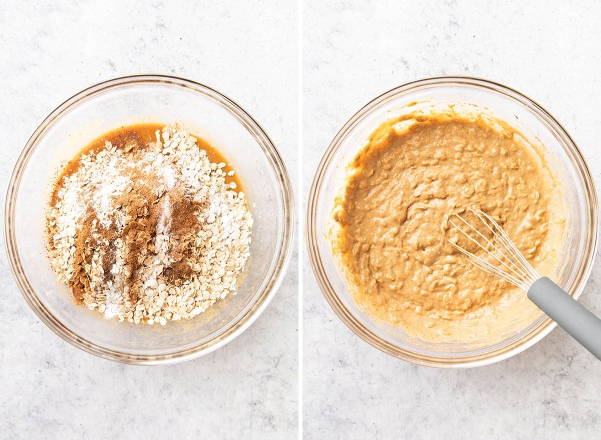 Two photos showing How to Make Pumpkin Oatmeal Muffins – whisking flour and other dry ingredients into the wet ingredients mixture to make vegan muffin batter