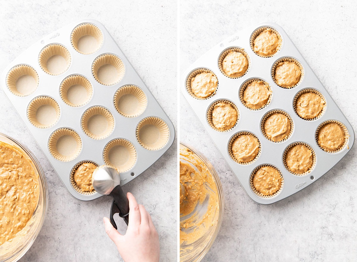 Using a large scoop to scoop muffin batter into a lined muffin pan