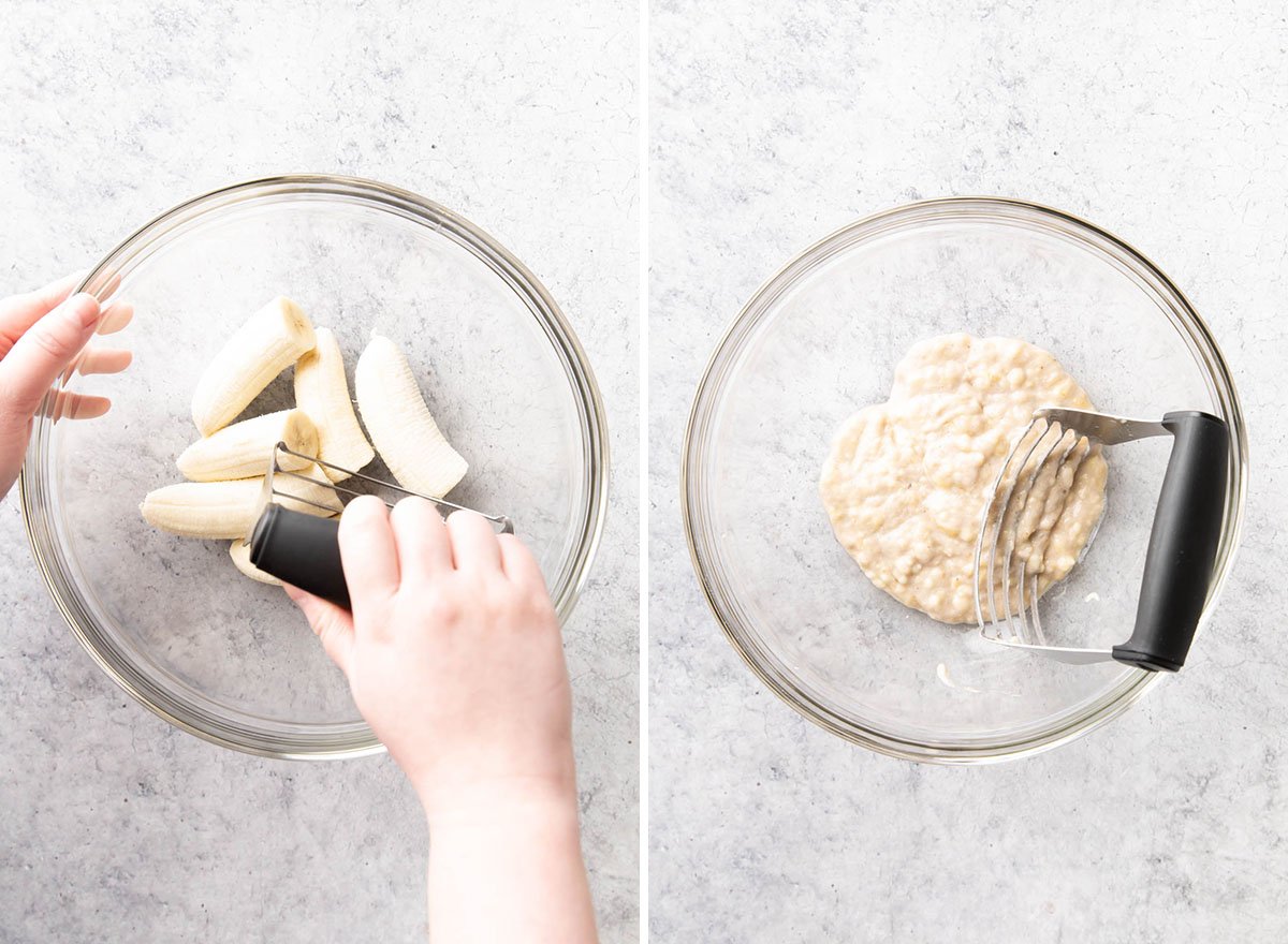 Two photos showing How to Make Oatmeal Banana Bread – mashing bananas