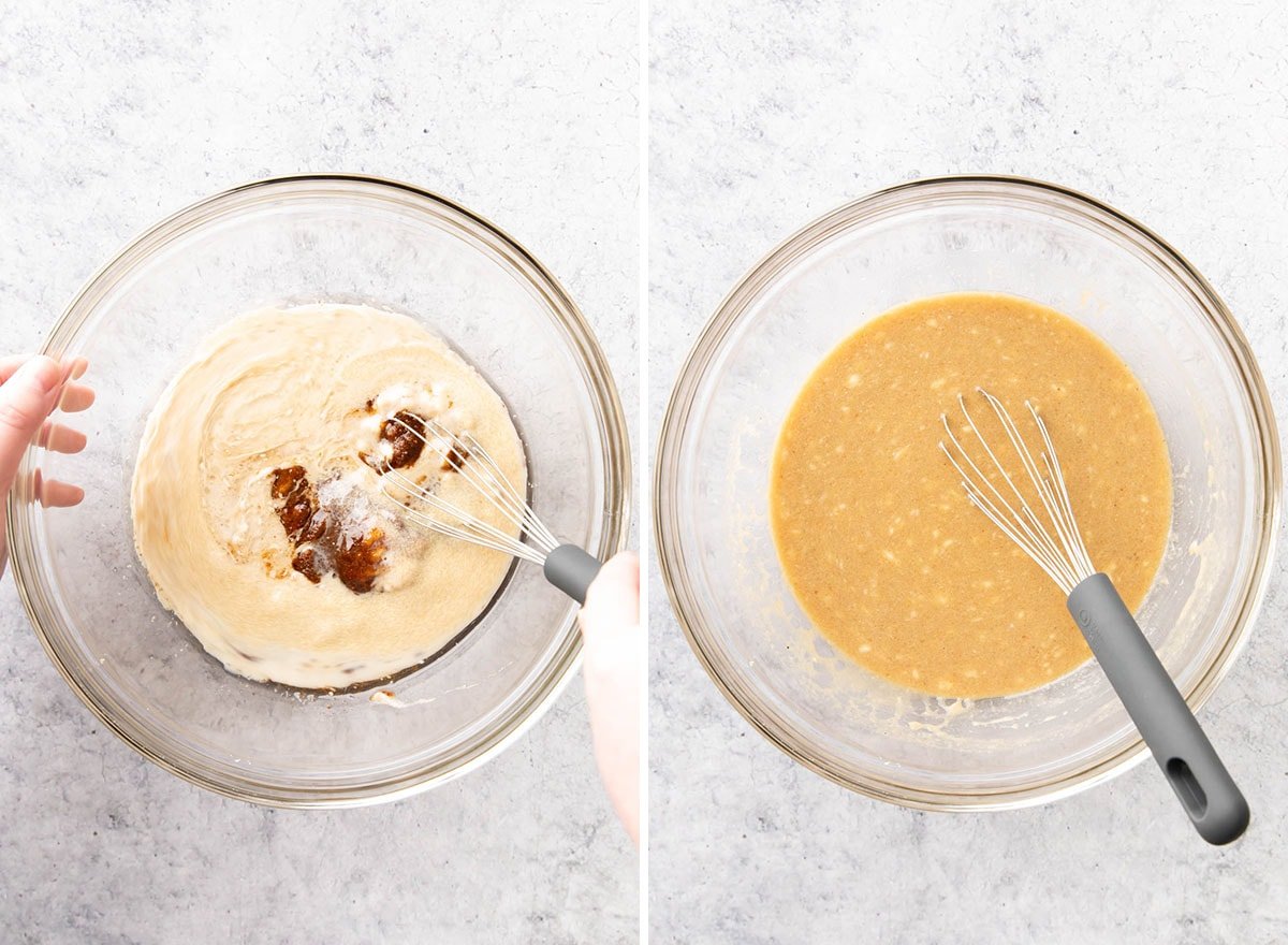 Two photos showing How to Make Oatmeal Banana Bread – whisking wet ingredients together