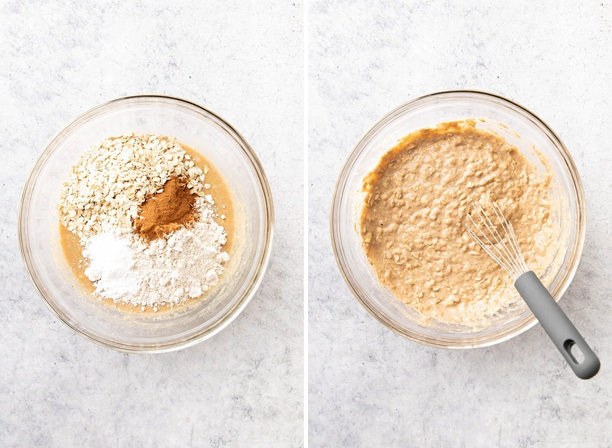 Two photos showing How to Make Oatmeal Banana Bread – combining the dry and wet ingredients to make the batter