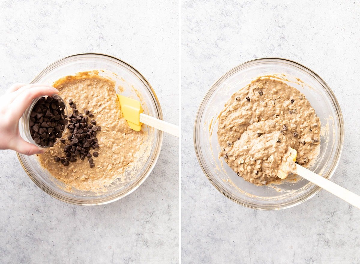 Two photos showing How to Make oat banana bread vegan – folding in add-in ingredients