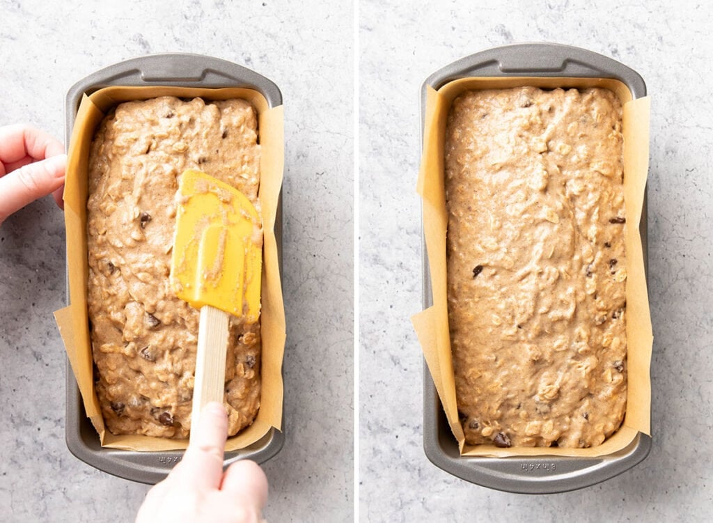 Two photos showing How to Make this recipe – pouring batter into the loaf pan