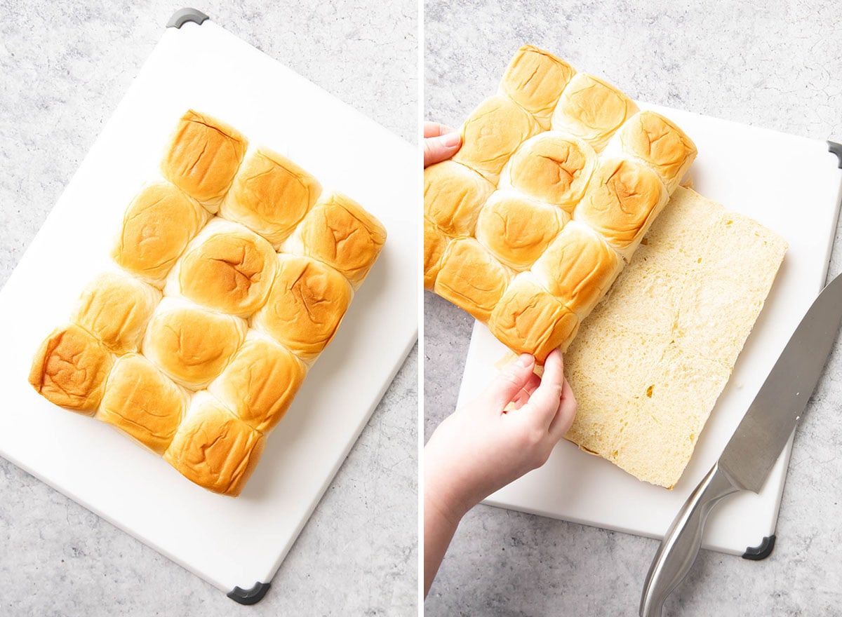 Two photos showing How to Make Pizza Sliders – slicing the dinner rolls
