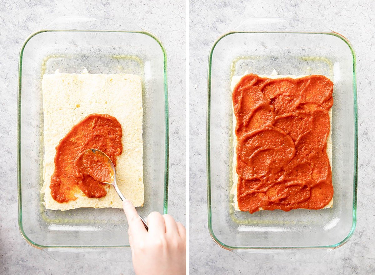 Two photos showing How to Make Pizza Sliders – spreading the marinara sauce over the rolls