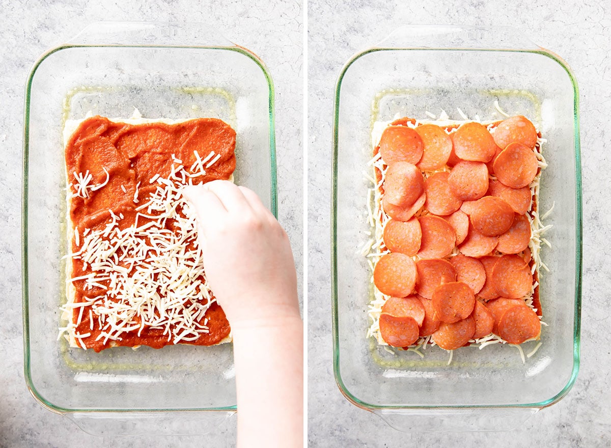 Two photos showing How to Make Pizza Sliders – sprinkling cheese and pepperoni over the marinara