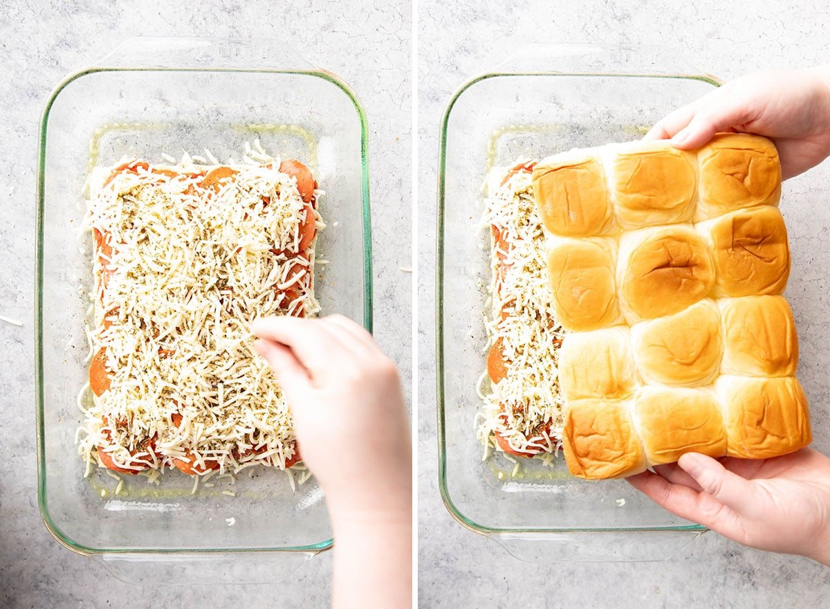 Two photos showing How to Make this recipe– adding seasoning and the top layer of rolls
