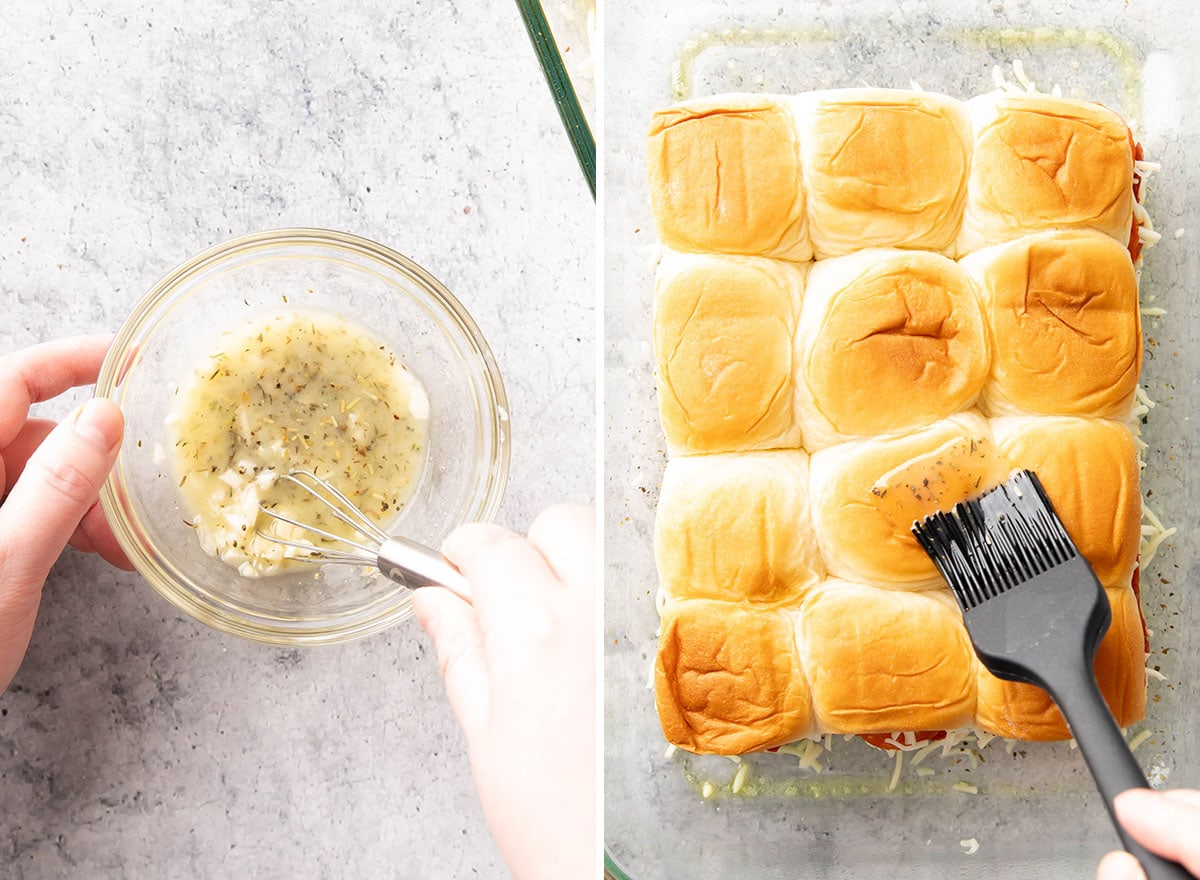 Two photos showing How to Make this dinner recipe – brushing garlic parmesan topping