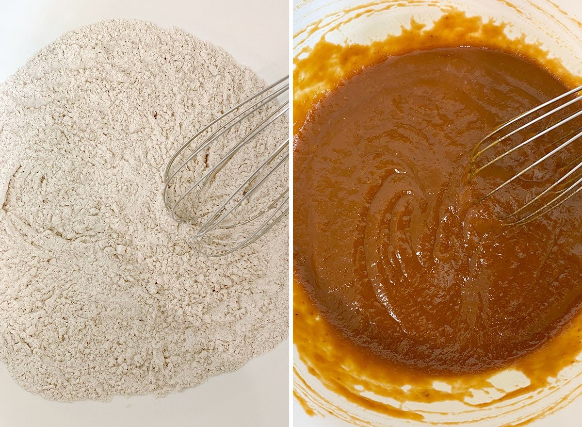 Two photos showing How to Make Pumpkin Donuts – whisking wet and dry ingredients