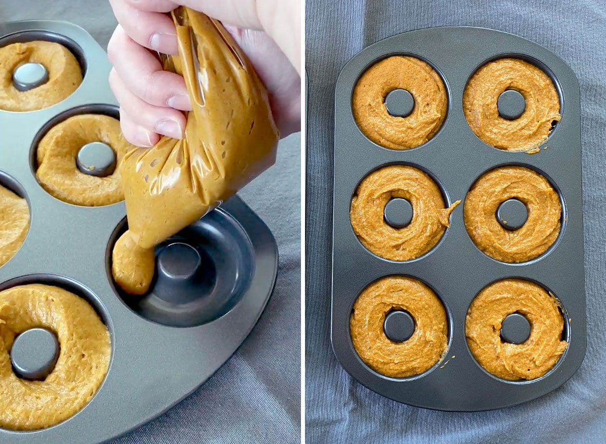 Two photos showing How to Make Pumpkin Donuts – filling donut pan with batter