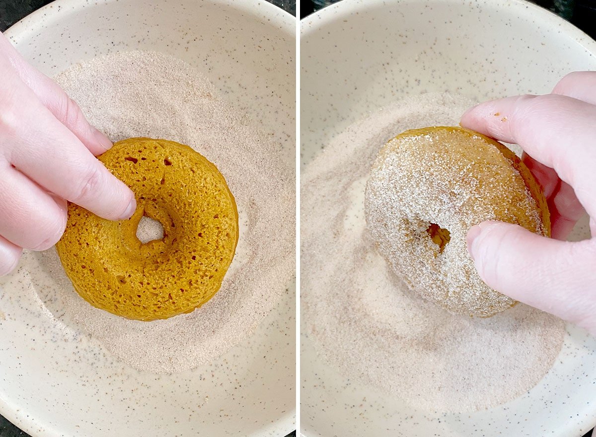 Two photos showing How to Make this fall dessert recipe – coating baked good in cinnamon sugar