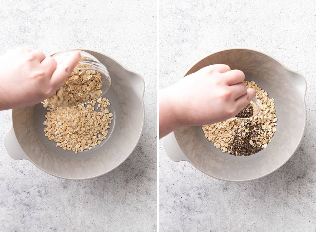 Two photos showing How to Make Pumpkin Overnight Oats – pouring oats and chia seeds into a mixing bowl