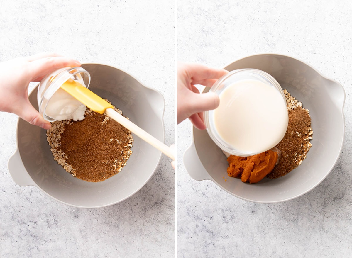 Two photos showing How to Make Pumpkin Overnight Oats – add yogurt, milk, and other wet ingredients into the bowl