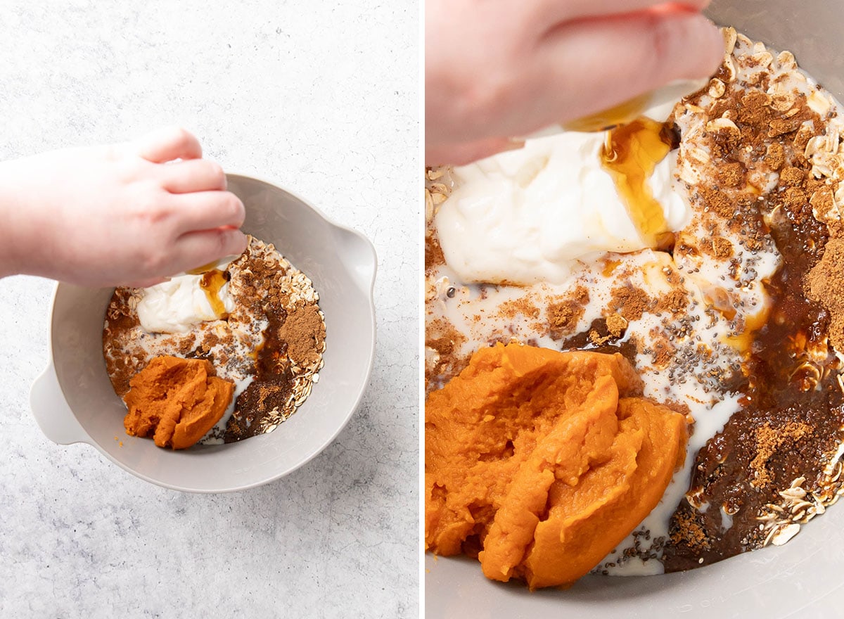 Two photos showing How to Make Pumpkin Overnight Oats – adding maple syrup to finish the wet ingredients
