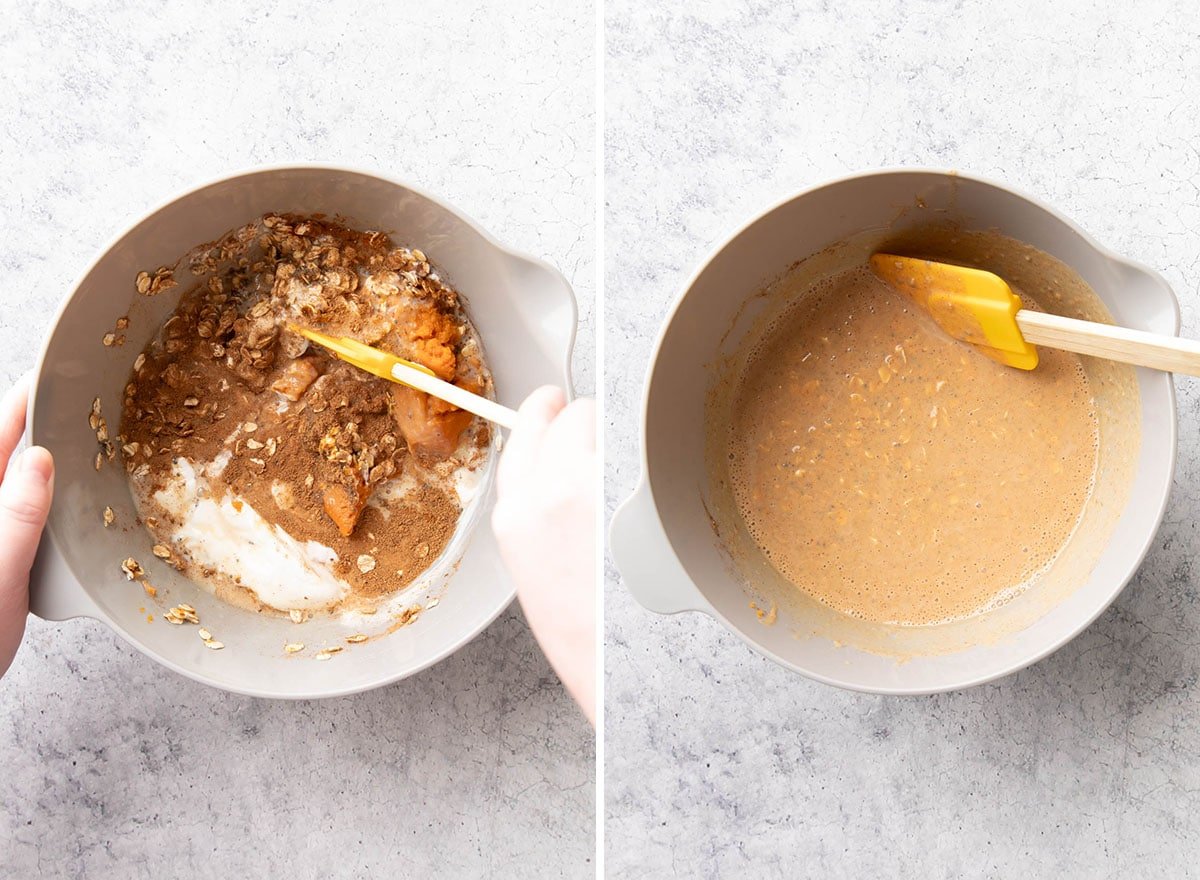 Two photos showing How to Make this easy breakfast recipe – stirring ingredients together