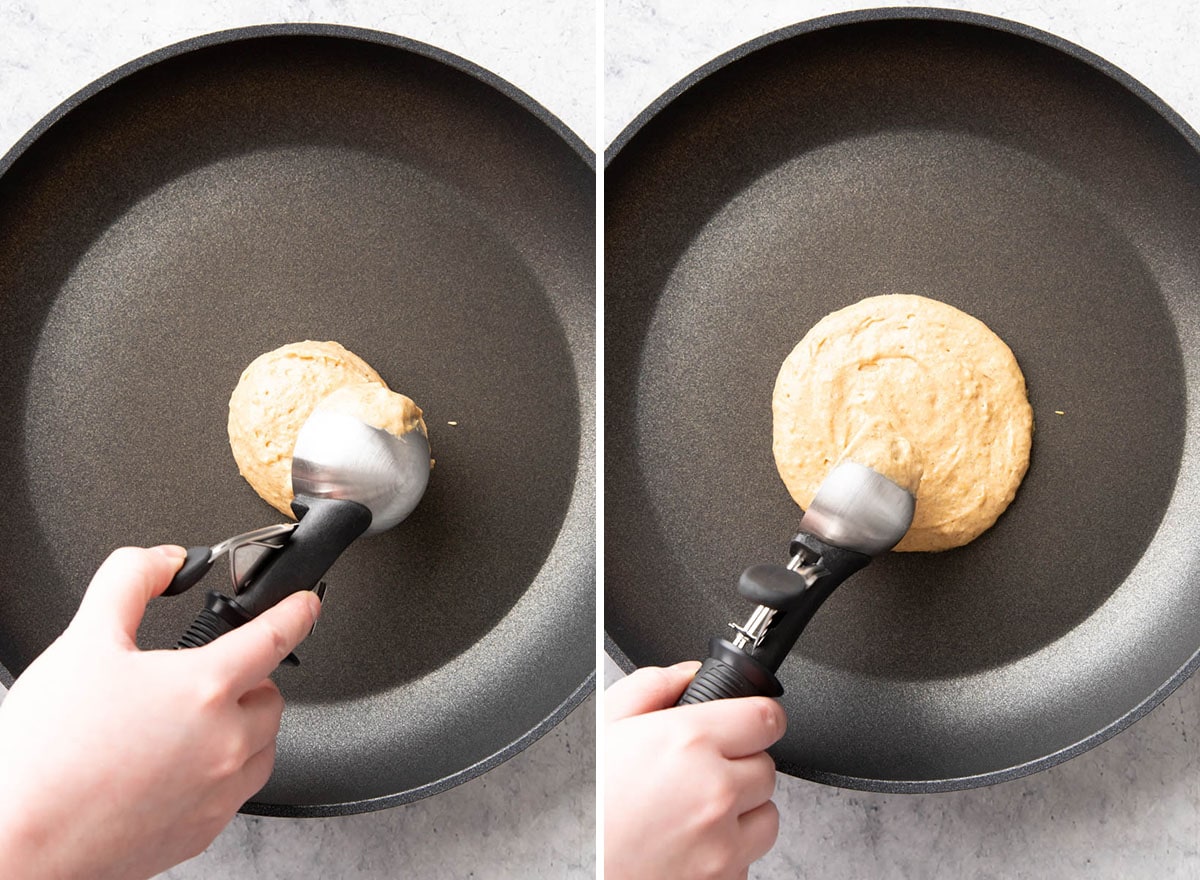 Two photos showing How to Make this recipe – scooping and smoothing batter on a nonstick skillet