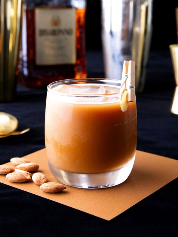 Toasted almond drink is an amaretto drink served chilled with a cocktail garnish on the rim