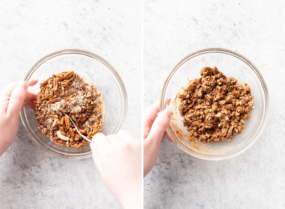 Two photos showing How to Make Gluten Free Vegan Pumpkin Coffee Cake – making streusel topping