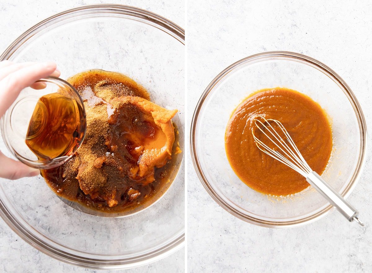 Two photos showing How to Make Vegan Gluten Free Pumpkin Coffee Cake – whisking wet ingredients in a bowl