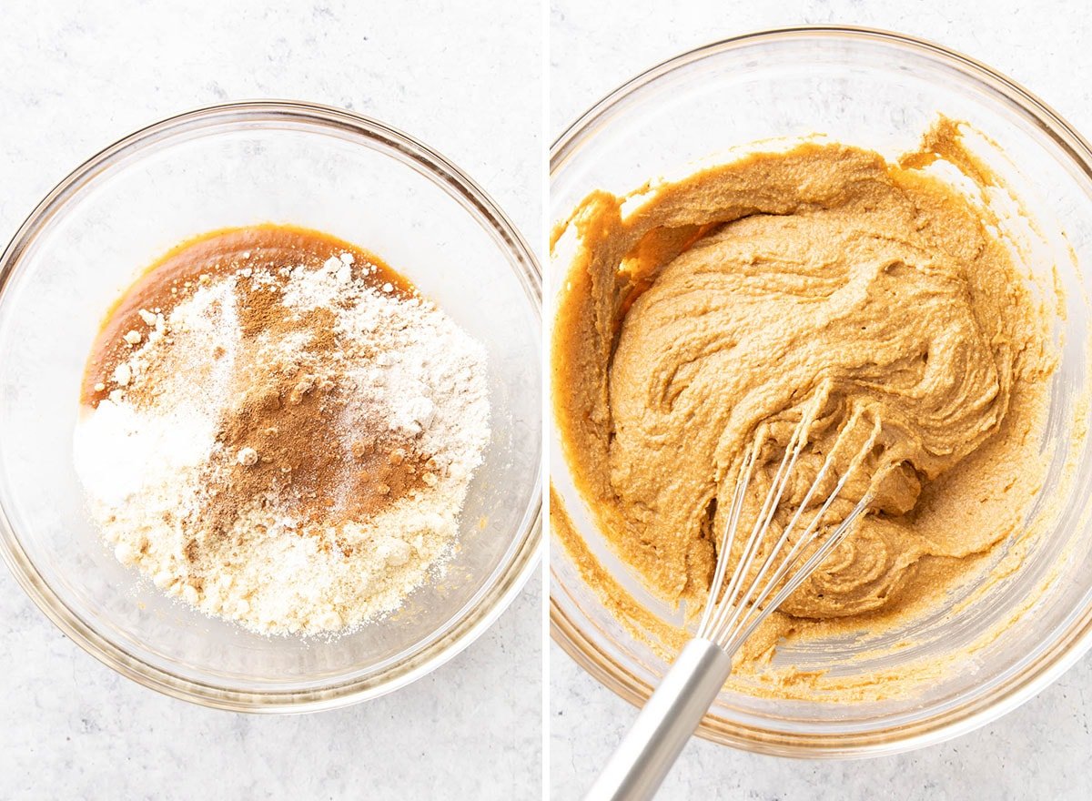 Two photos showing How to Make this vegan gluten free pumpkin recipe – combining dry and wet ingredients to make cake batter