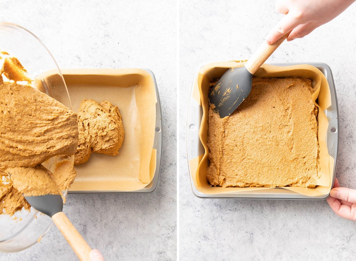 Two photos showing How to Make this dessert – transferring batter from mixing bowl into lined pan