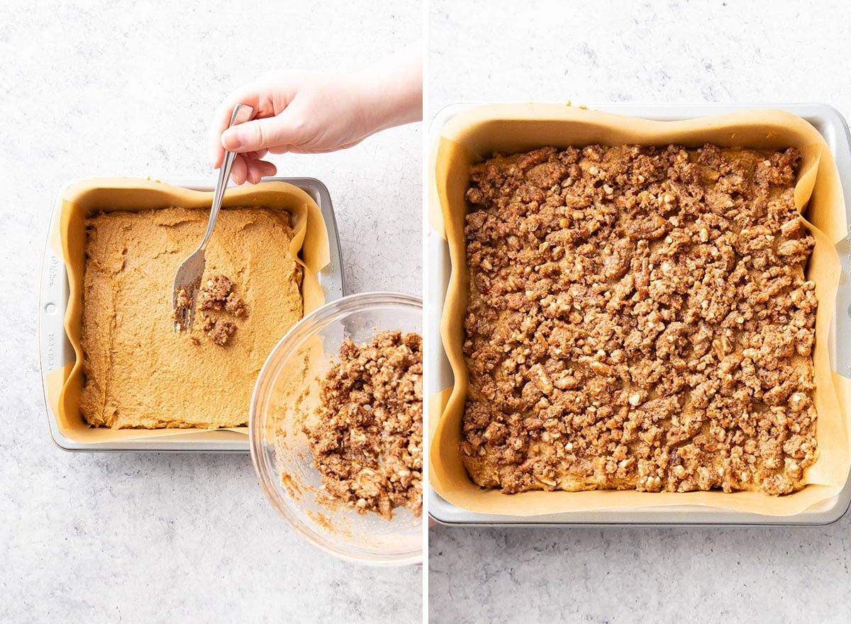 Two photos showing How to Make this healthy dessert – sprinkling streusel topping over batter