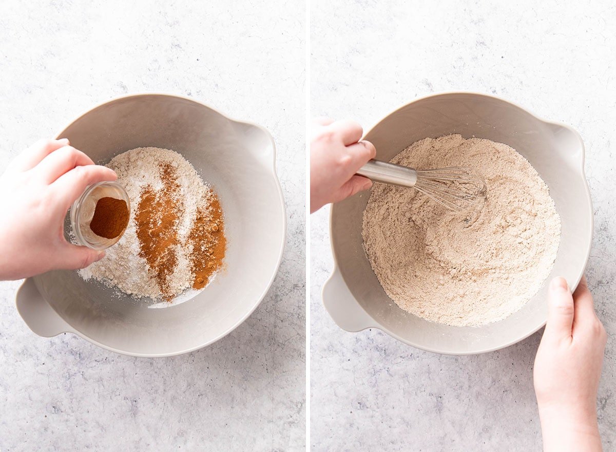 Two photos showing How to Make pumpkin cookies vegan gluten free – whisking dry ingredients