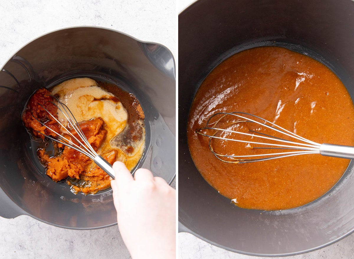 Two photos showing How to Make Vegan Gluten Free Pumpkin Cookies – whisking wet ingredients together