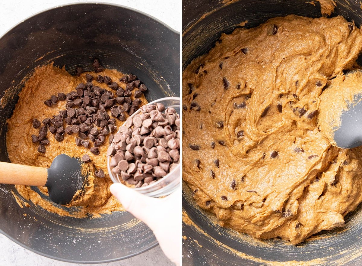 Two photos showing How to Make this oat flour cookies recipe – folding chocolate chips into cookie dough
