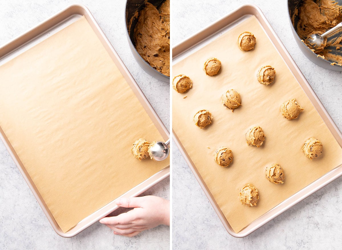 Two photos showing How to Make this fall dessert recipe – scooping balls of cookie dough onto a lined baking sheet
