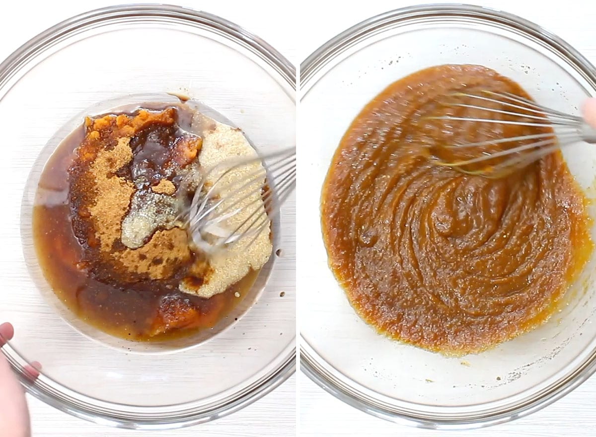 Two photos showing How to make Vegan Gluten Free Pumpkin Muffins - whisking wet ingredients