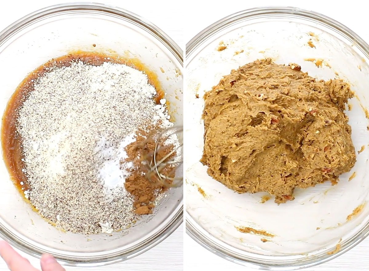 Two photos showing How to make Vegan Gluten Free Pumpkin Muffins - adding dry ingredients to make muffin batter