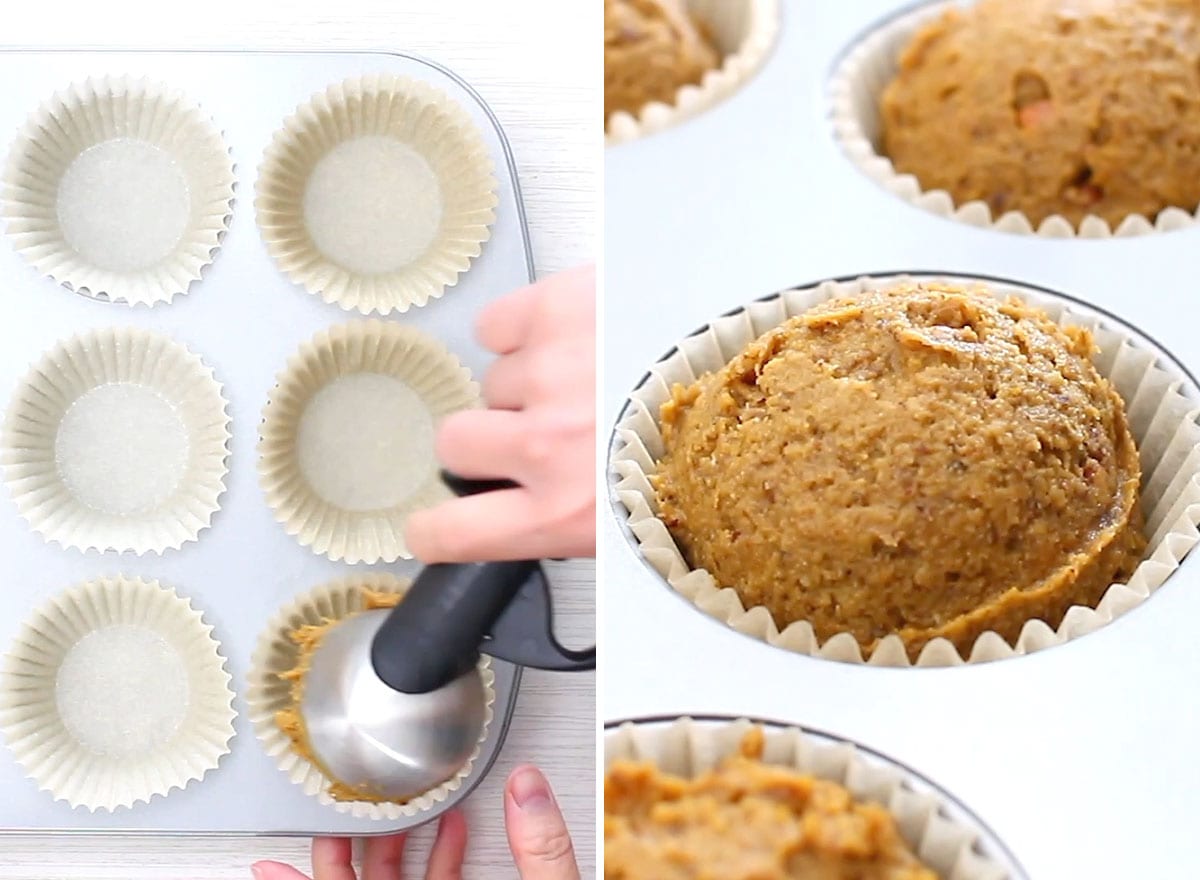 Two photos showing How to make Vegan Gluten Free Pumpkin Muffins - making rounded tops for the best baked texture