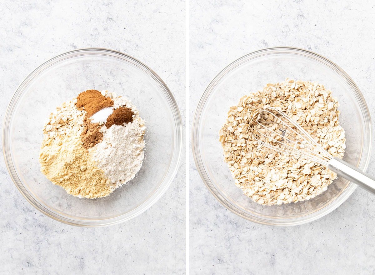 Two photos showing How to Make Vegan Oatmeal Cookies – whisking dry ingredients like flour and baking powder in a bowl