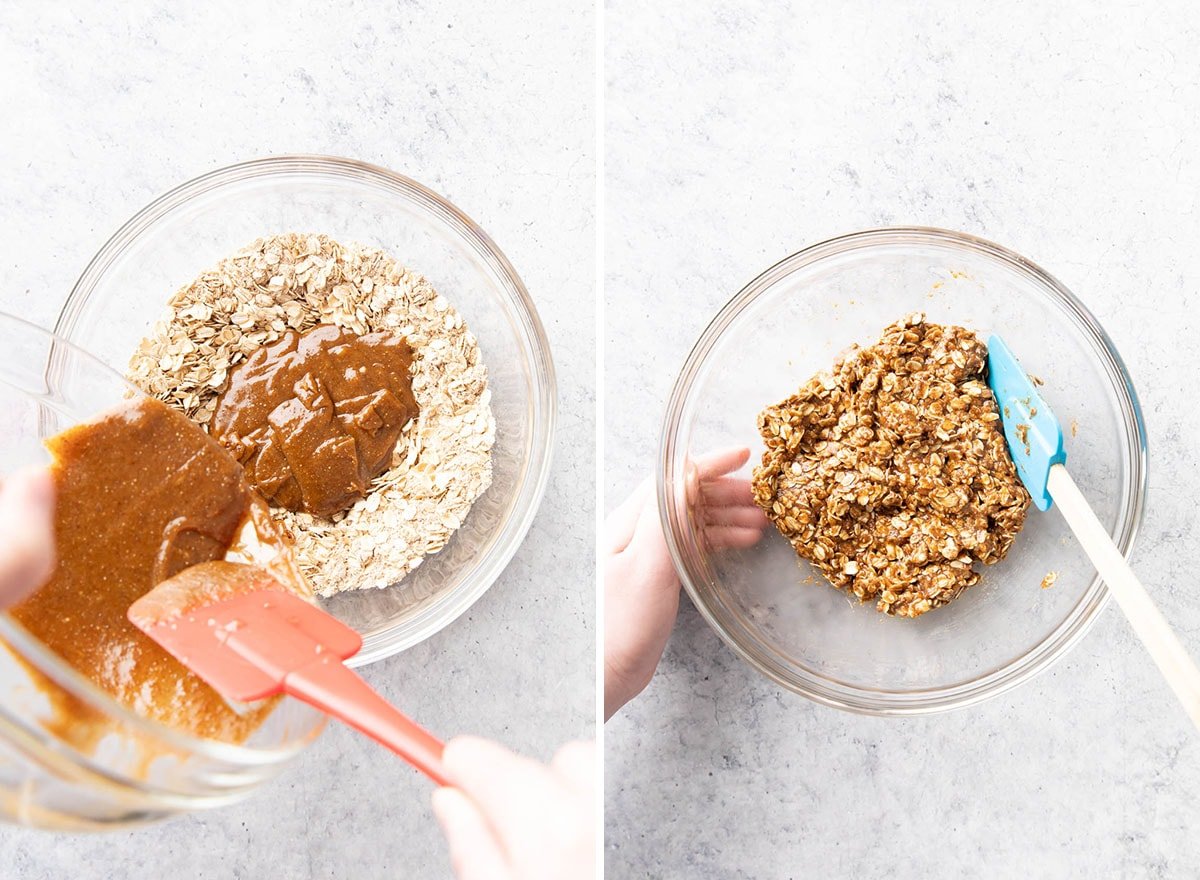 Two photos showing How to Make Healthy Vegan Oatmeal Cookies – combining wet and dry ingredients to make cookie dough