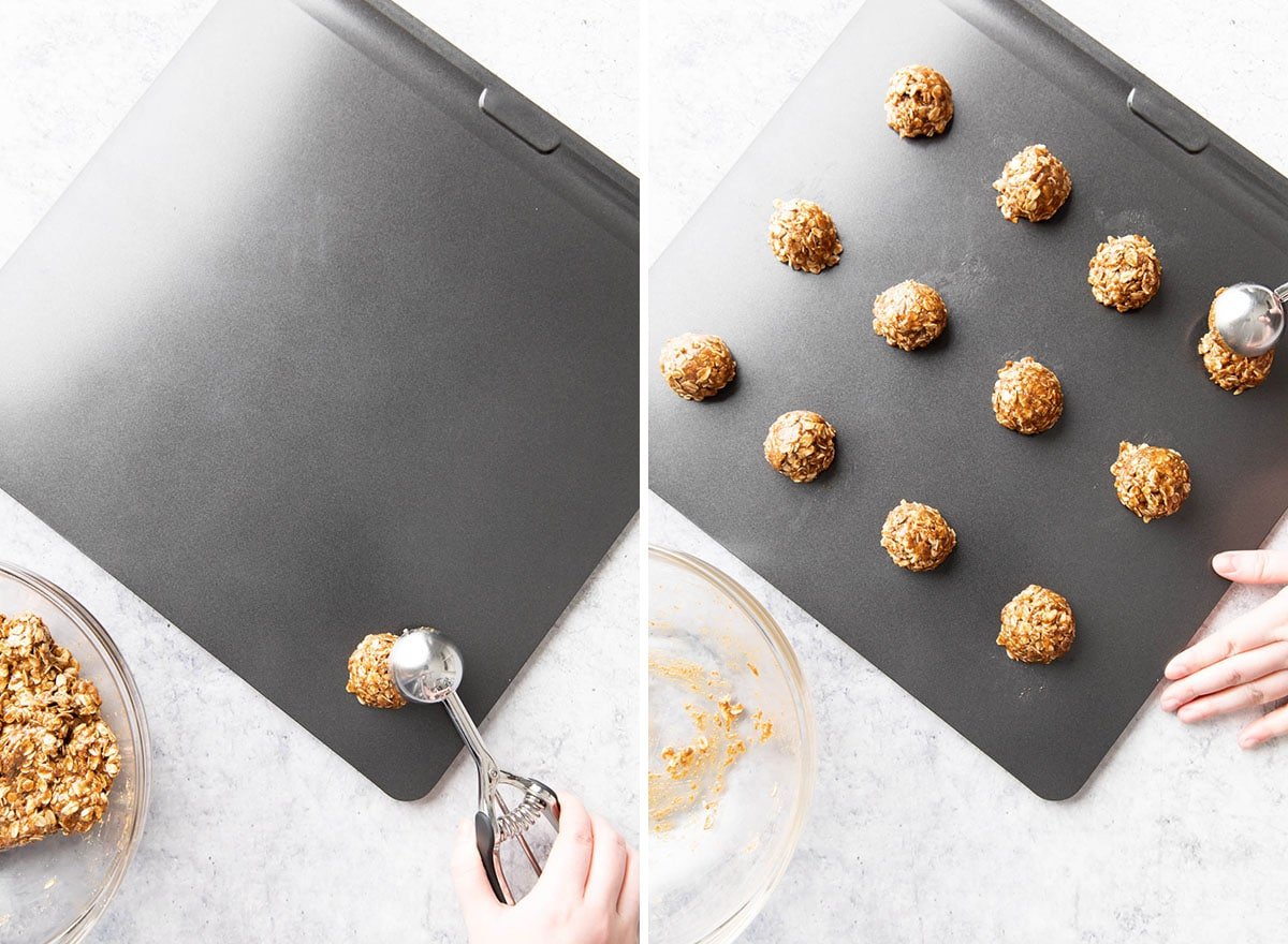Two photos showing How to Make this dessert recipe – scooping dough onto baking sheet
