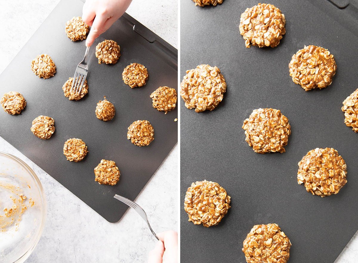 Two photos showing How to Make this dessert recipe – flattening cookie dough balls before baking
