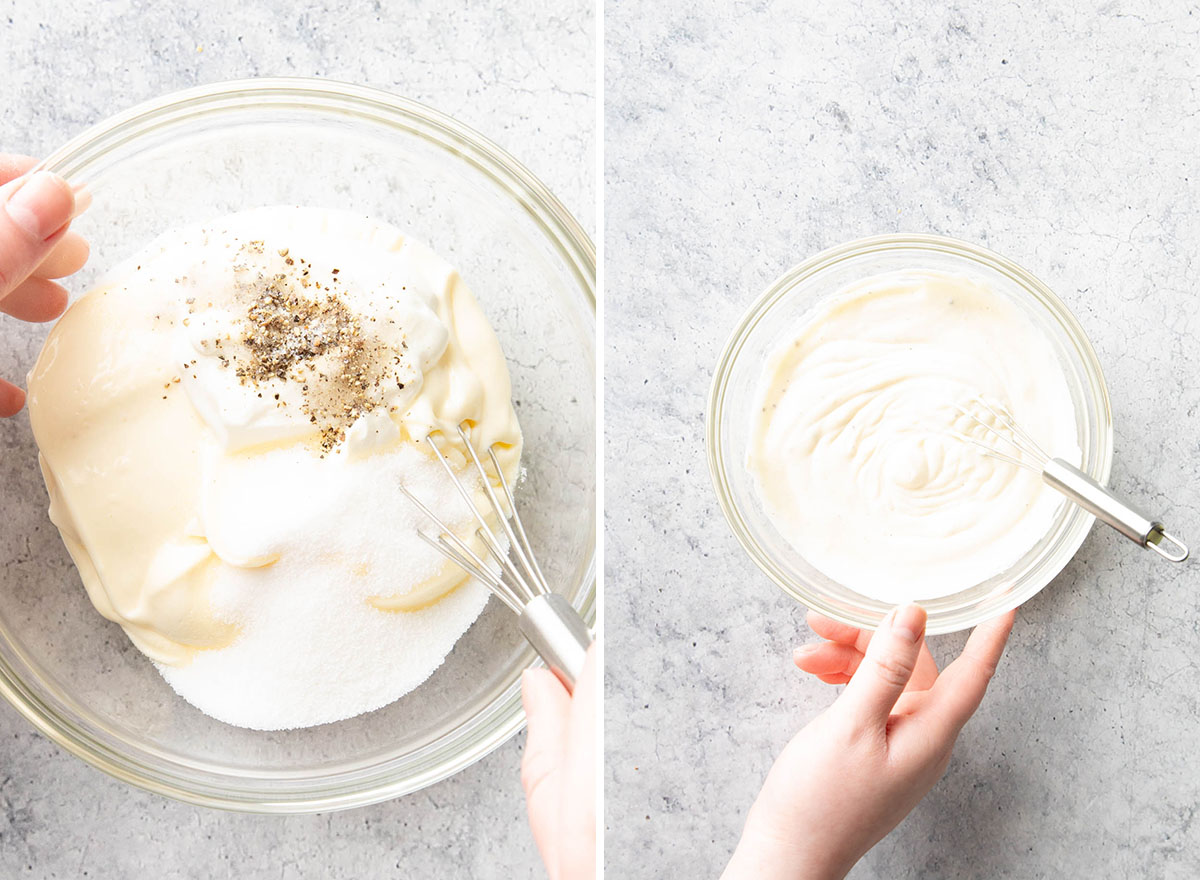 Two photos showing How to Make 7 Layer Salad – whisking the salad dressing ingredients together to make dressing