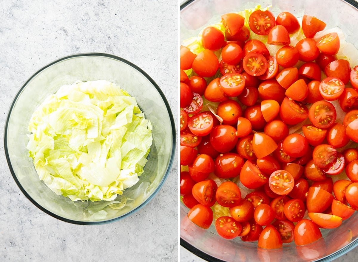 Two photos showing How to Make 7 Layer Salad – Adding lettuce and tomato layers