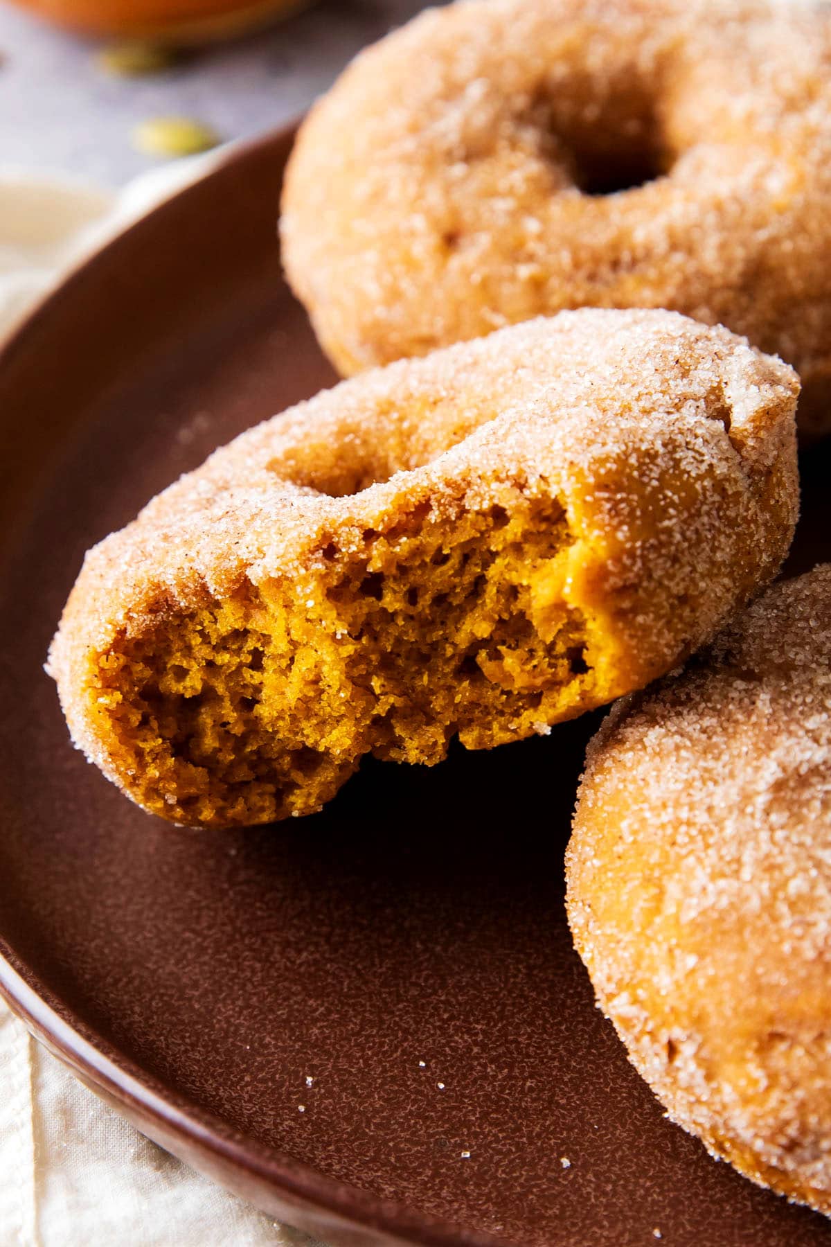 close up of half bitten baked pumpkin donuts on a plate to show the soft and tender crumb