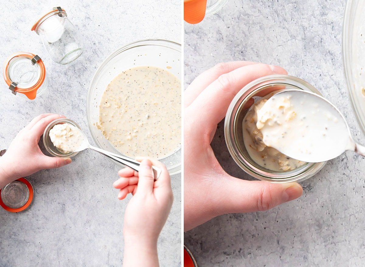 Pouring the make-ahead breakfast mixture into jars and resealing to store overnight in the refrigerator to set.