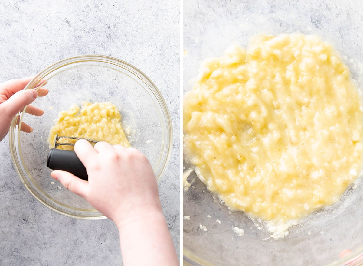 Two photos showing How to Make Banana Overnight Oats – mashing bananas until mostly smooth in a large mixing bowl