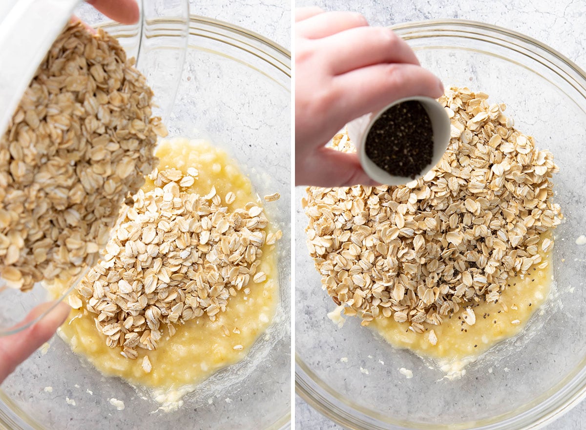 Two photos showing How to Make this Banana Overnight Oats recipe – adding oats and chia seeds to the bowl