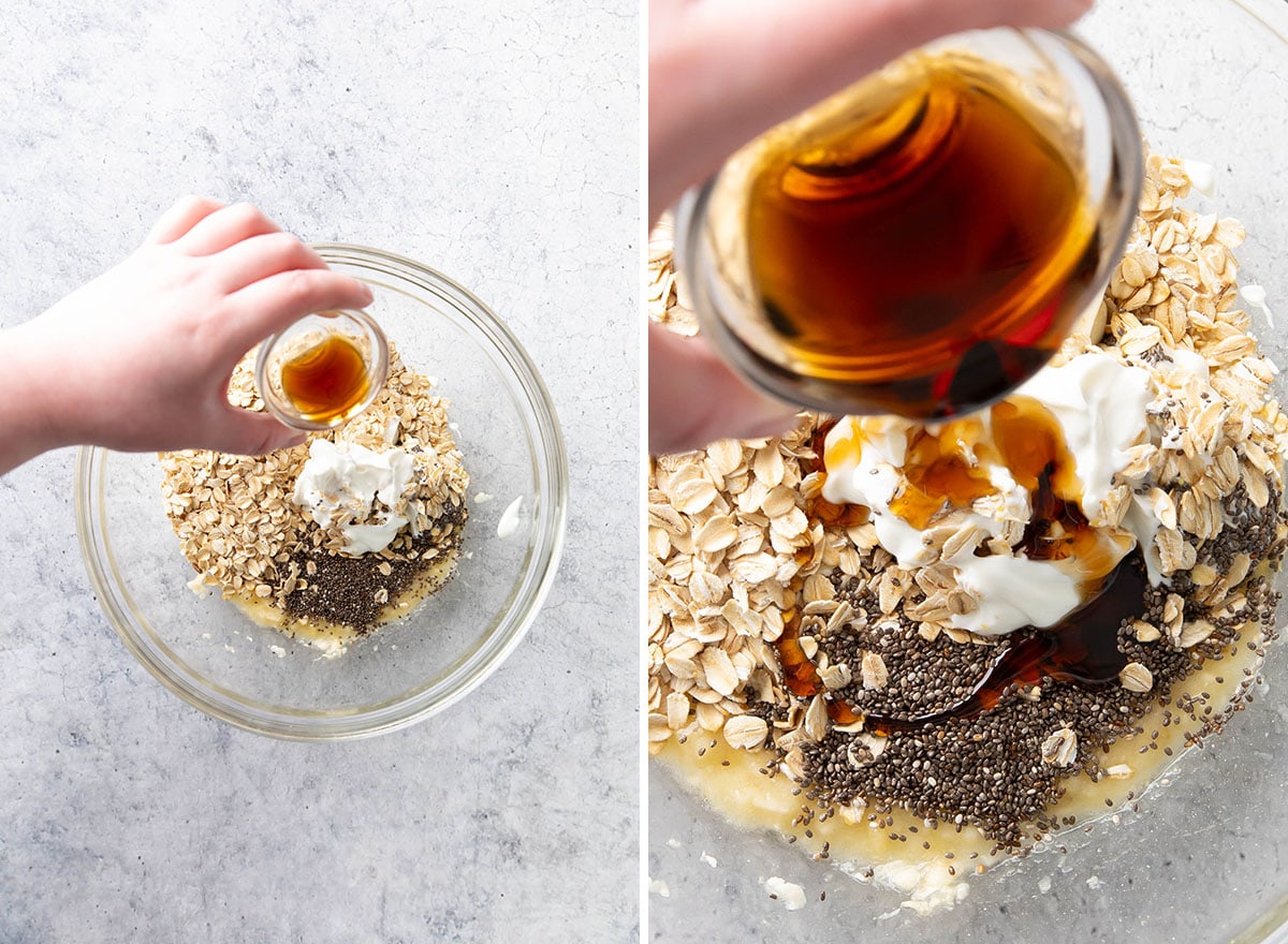 Two photos showing How to Make this easy breakfast recipe – adding vanilla and maple syrup