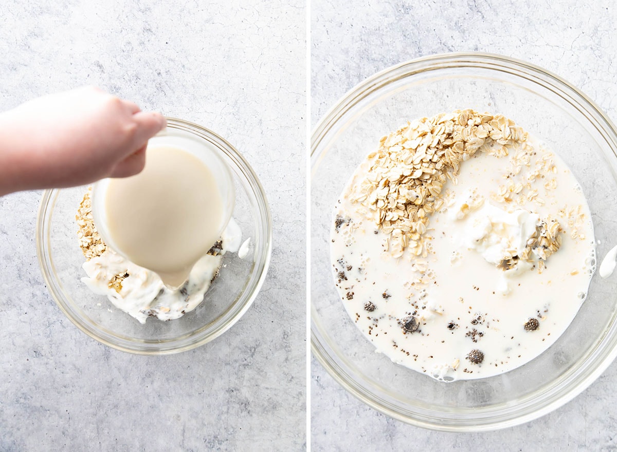 Two photos showing How to Make this easy breakfast recipe – adding the last ingredient milk